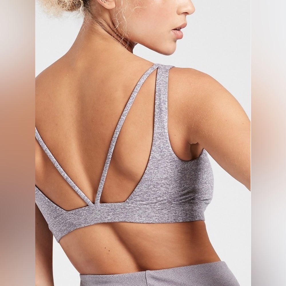 Athleta Exhale Sports Bra in SoftLuxe Pullover Open Back Gray, Size S